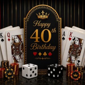 Custom casino birthday backdrop with poker cards, dice and casino chips