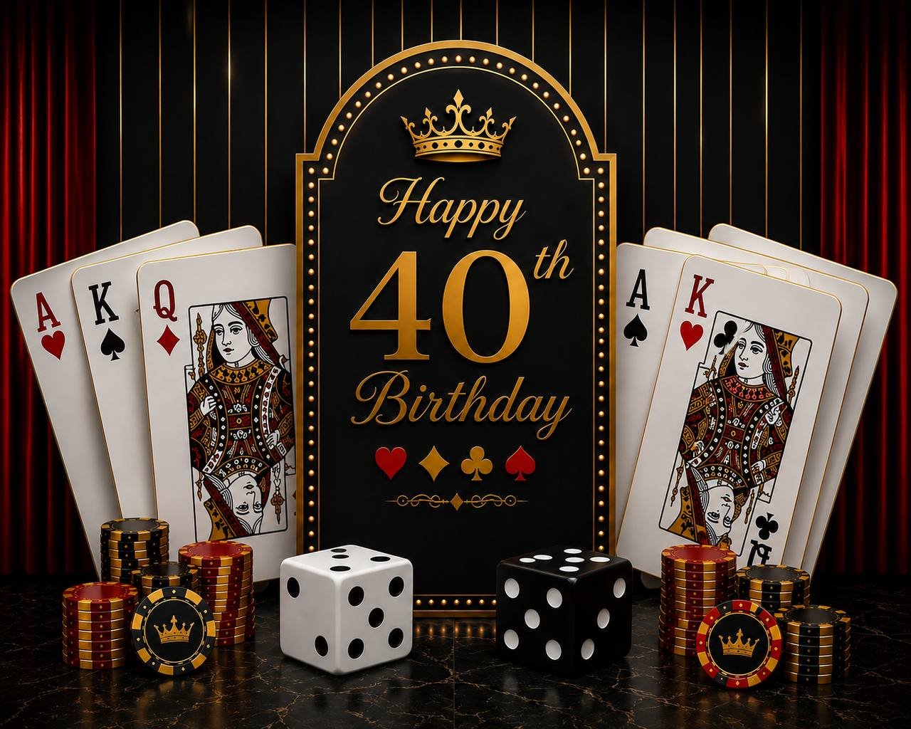 Custom casino birthday backdrop with poker cards, dice and casino chips