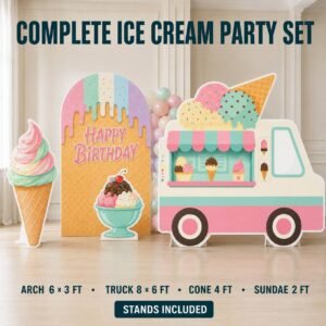 Complete ice cream birthday backdrop party set with arch, truck, cone and sundae