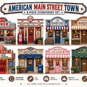 Eight Americana Main Street storefront cutouts for events and photo booths