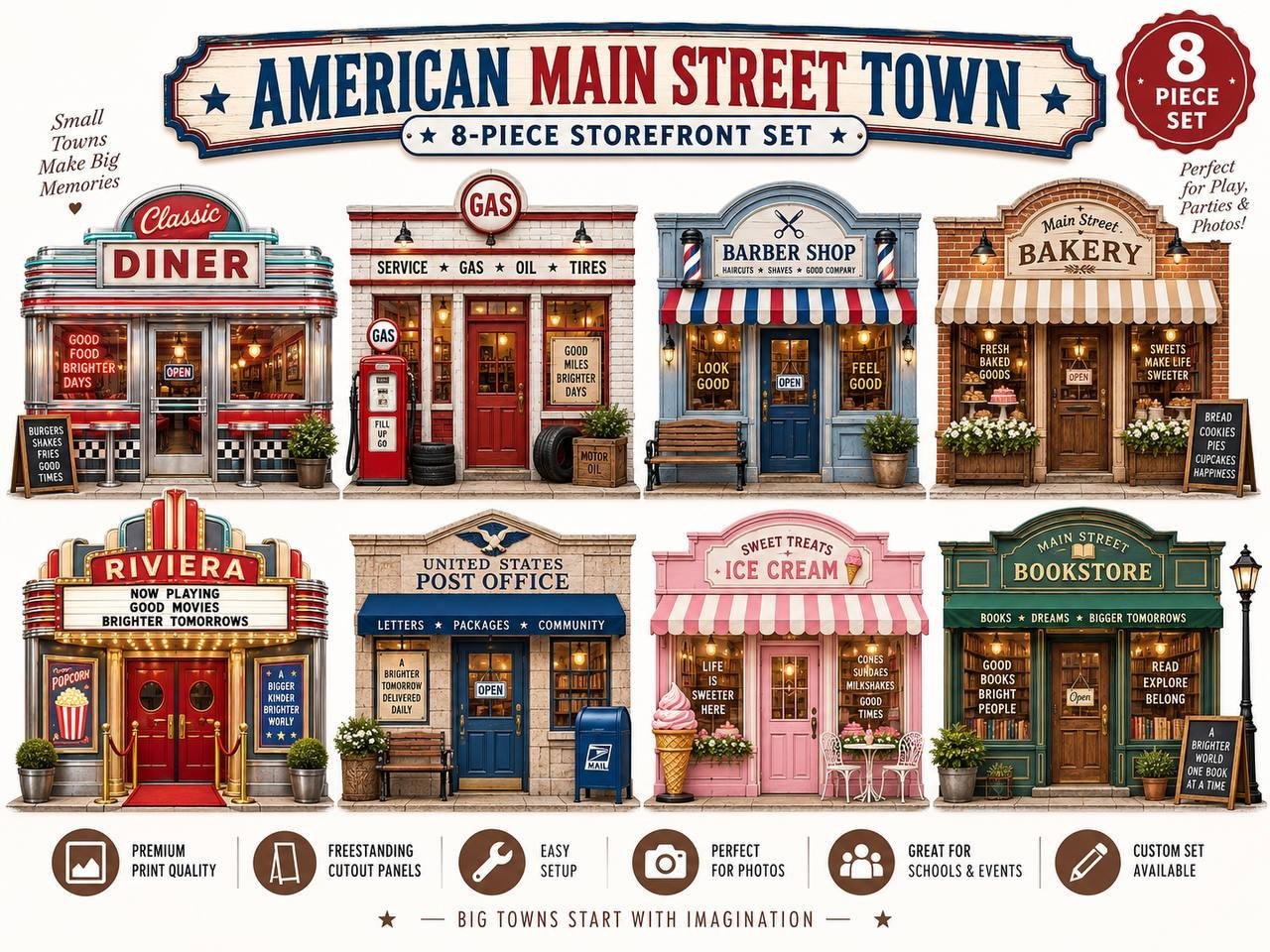 Eight Americana Main Street storefront cutouts for events and photo booths