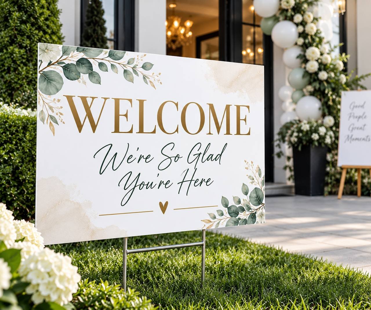 Elegant custom welcome yard sign displayed outside an event venue