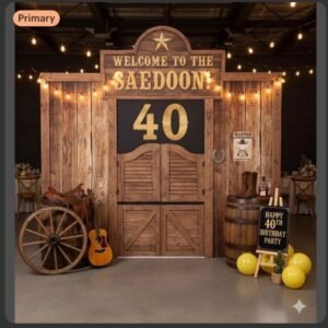 Complete western backdrop scene with saloon entrance, wagon wheel, barrel and birthday sign