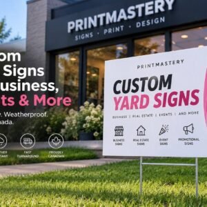 Custom yard sign outside a print shop promoting business, real estate, event and promotional signs