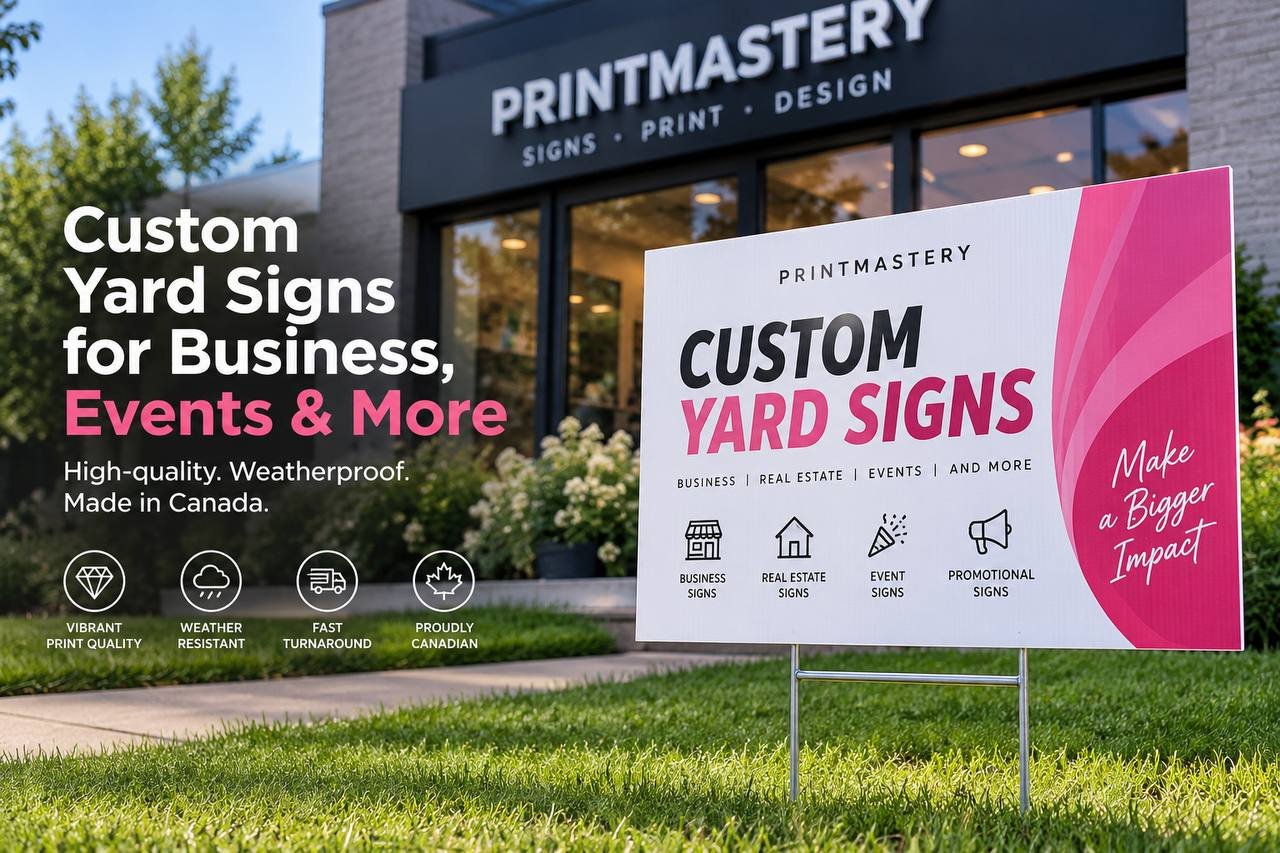 Custom yard sign outside a print shop promoting business, real estate, event and promotional signs