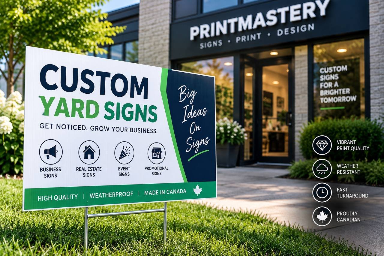 Custom yard sign displayed outside a print shop for business, real estate, event and promotional use