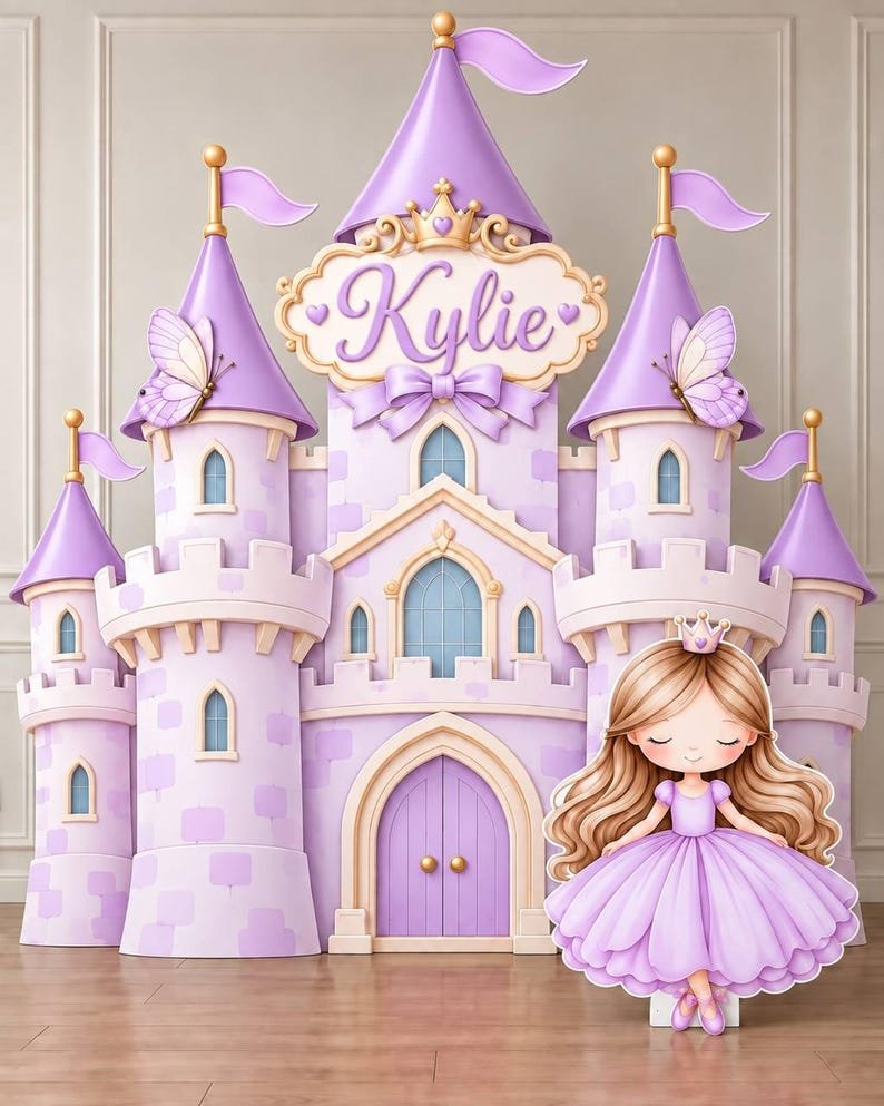 Large pink princess castle birthday backdrop display