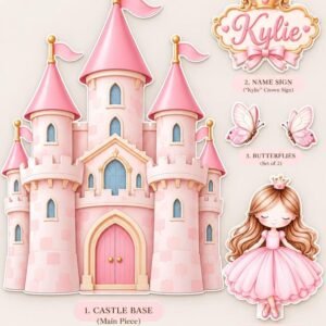 Pink princess castle backdrop set with personalized name sign and princess cutout