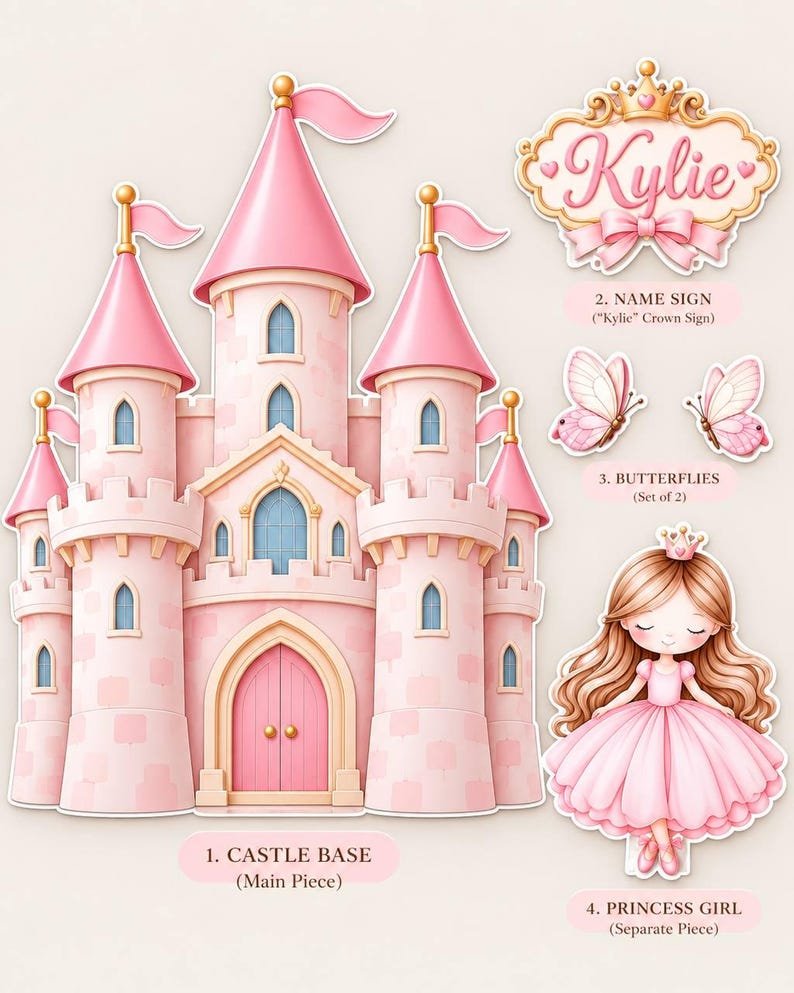 Pink princess castle backdrop set with personalized name sign and princess cutout