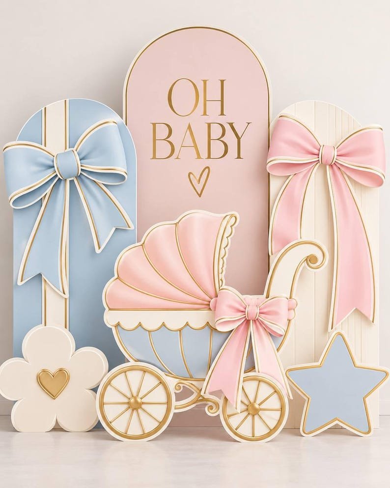 Baby carriage OH BABY backdrop with pink and blue arch panels