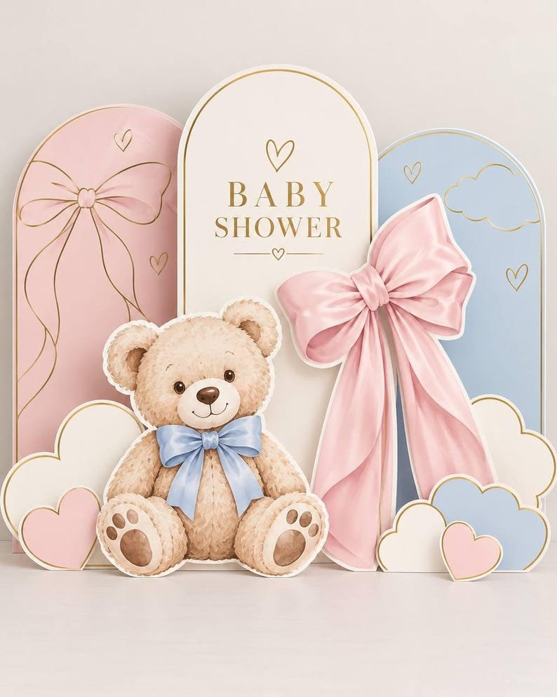 Teddy bear baby shower backdrop with baby bottles and arches