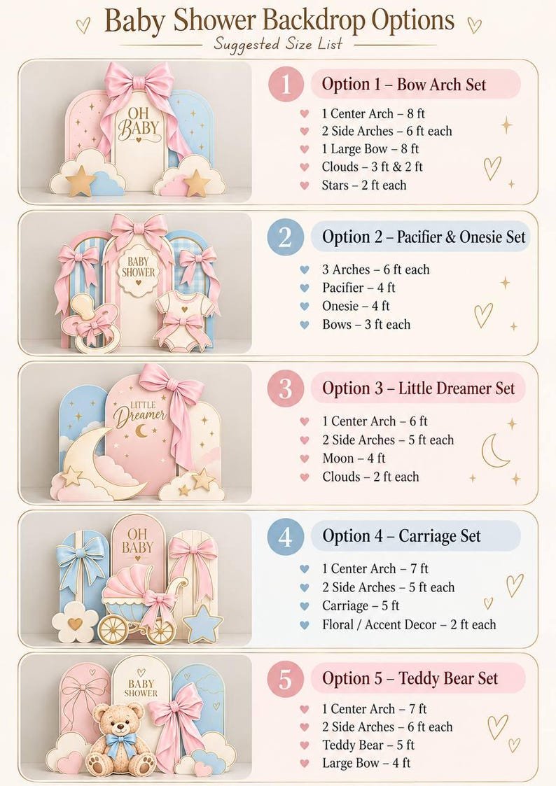 Baby shower backdrop package options and suggested sizes