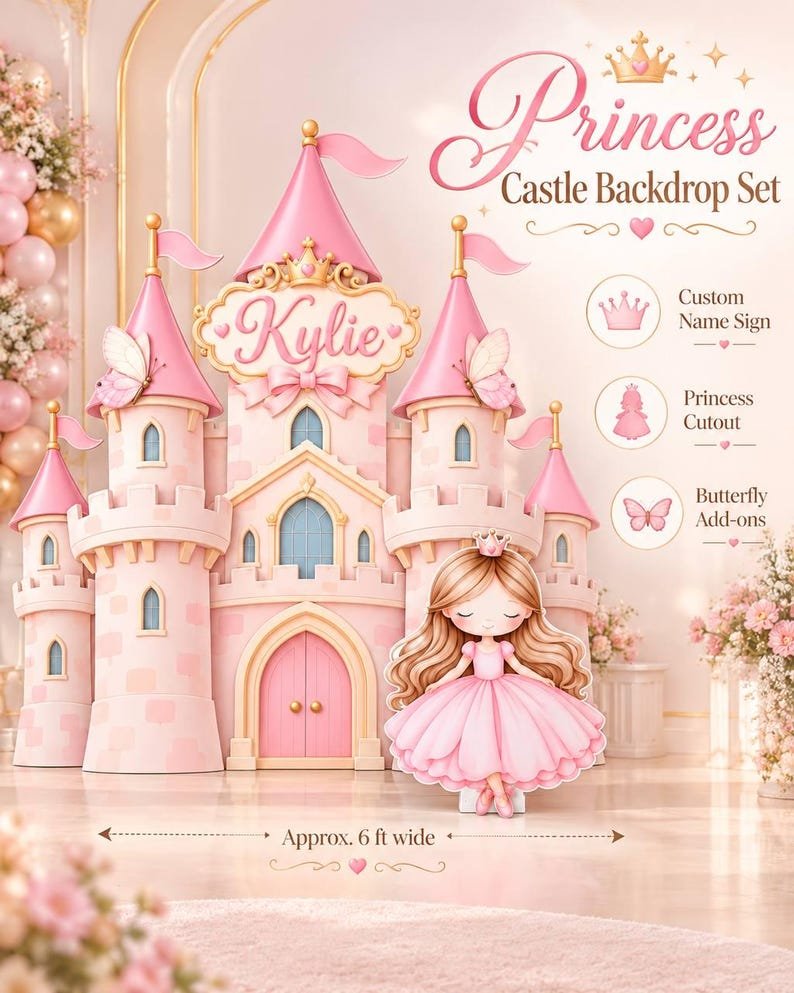 Princess castle backdrop package components with name sign butterflies and cutout