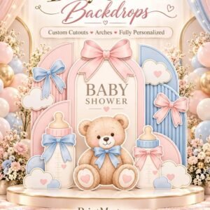 Pink and blue custom baby shower backdrop with arches, bows, teddy bear and baby bottles