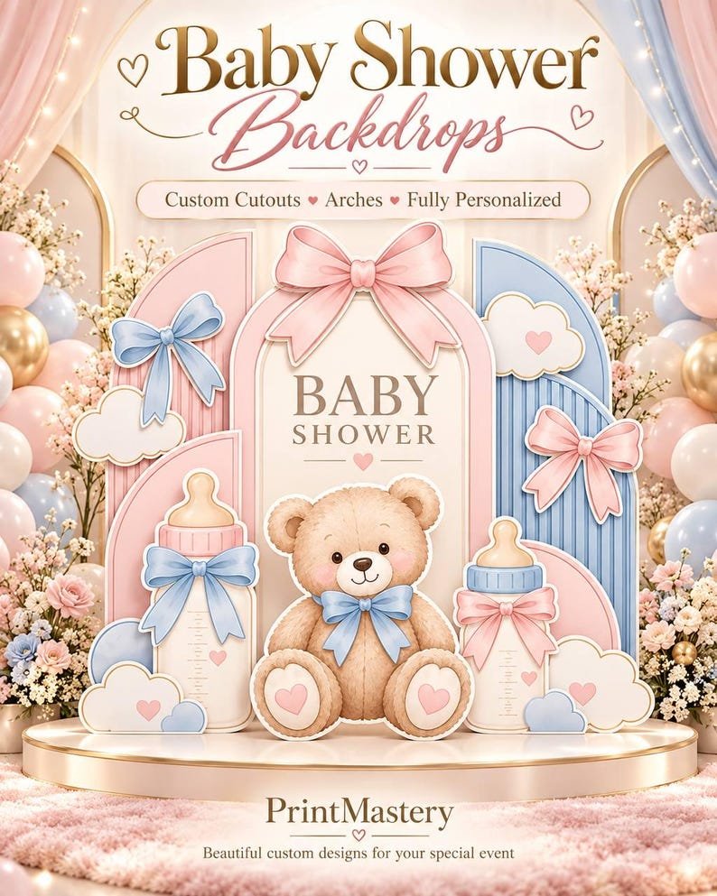 Pink and blue custom baby shower backdrop with arches, bows, teddy bear and baby bottles