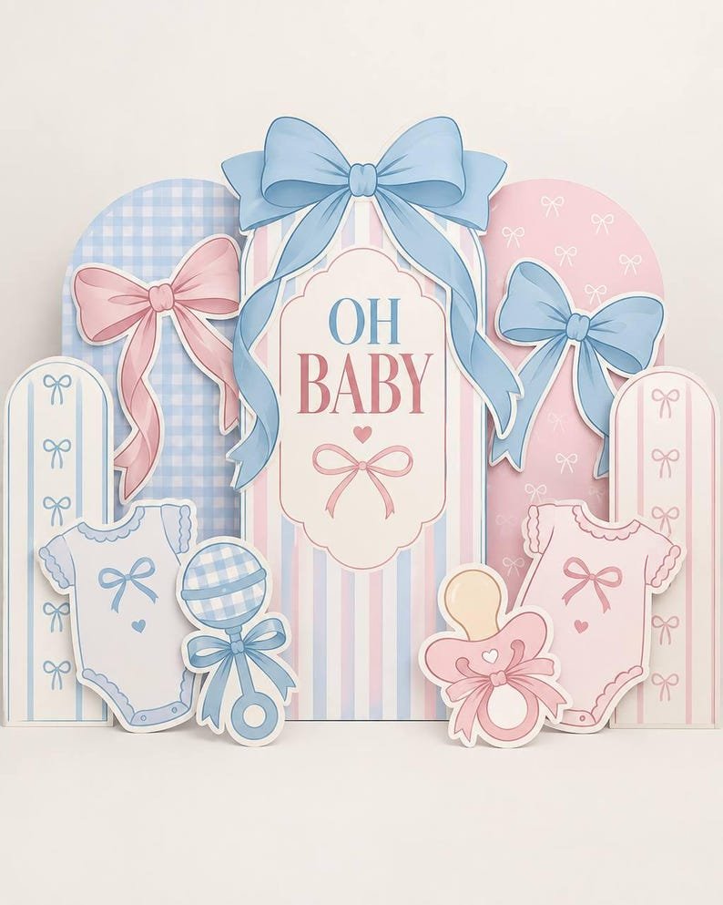 Pink and blue bow OH BABY baby shower backdrop display