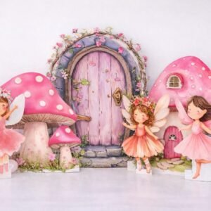 Fairy first birthday backdrop and mushroom house cutout set