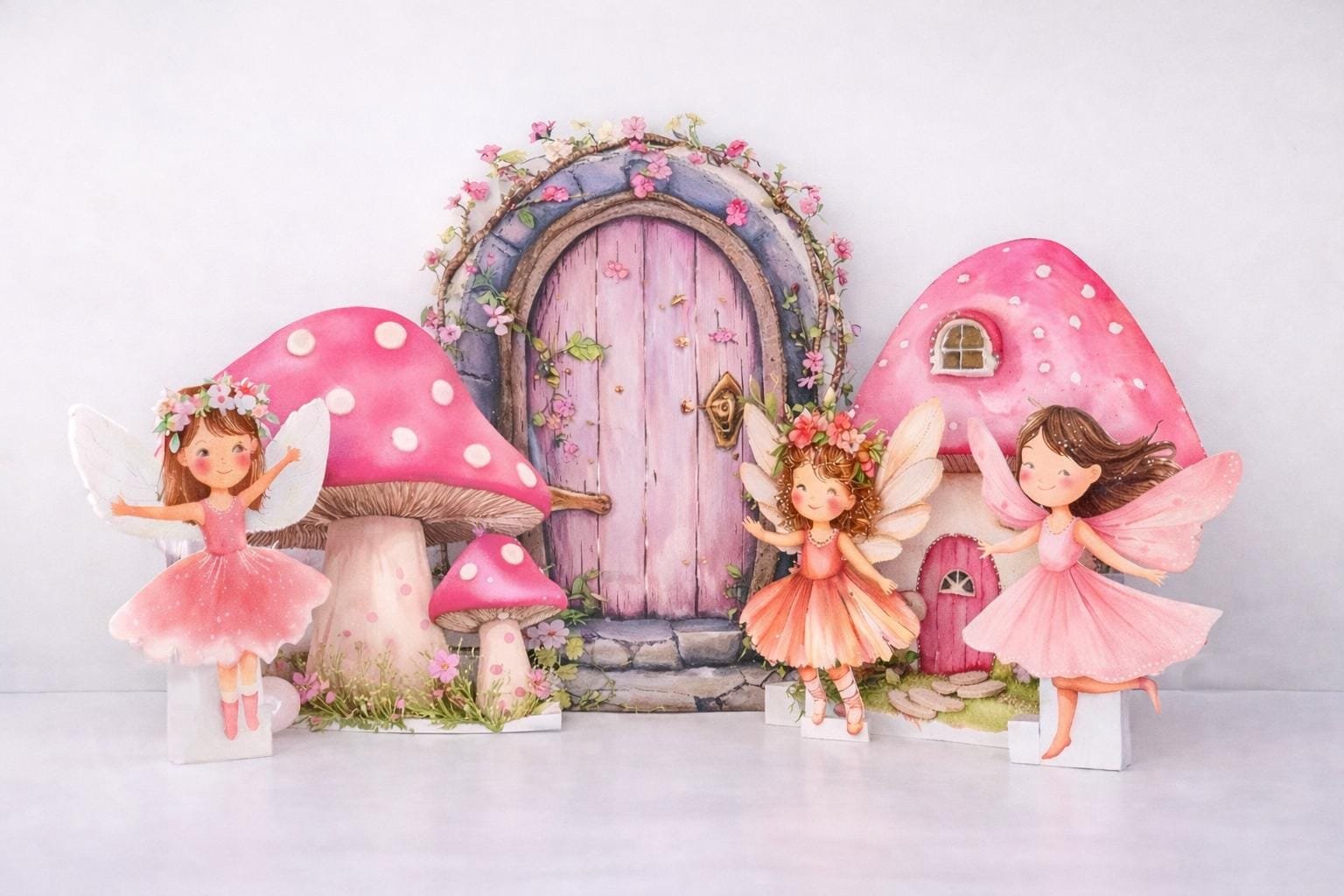 Fairy first birthday backdrop and mushroom house cutout set