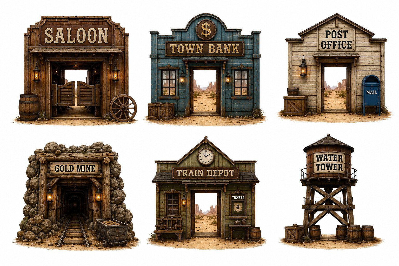 Western storefront backdrop collection for a Wild West party